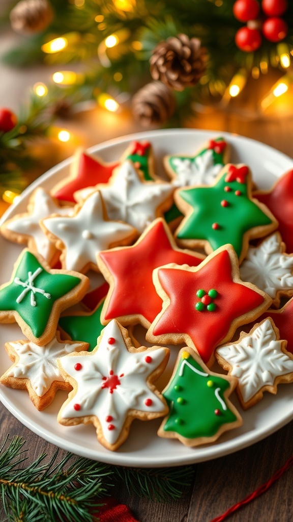 Christmas Sugar Cookies with Royal Icing A festive platter of decorated Christmas sugar cookies in various shapes with colorful royal icing.